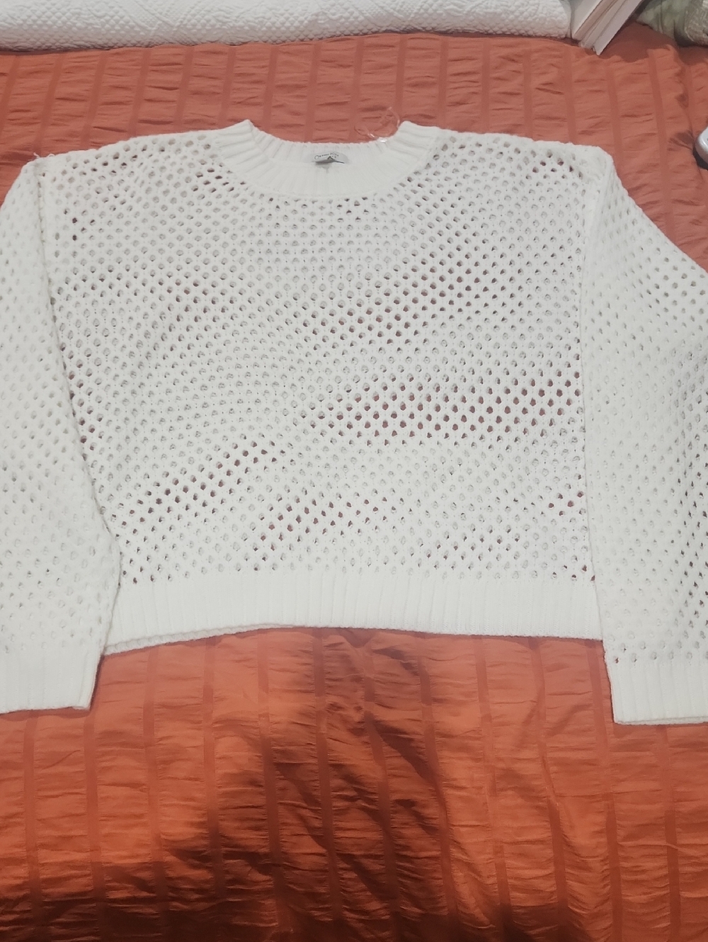Women's White Open-Knit Crewneck Sweater